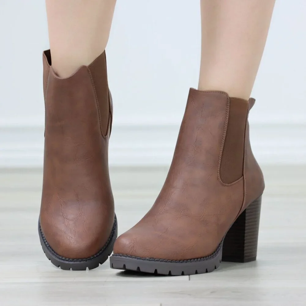 Womens Ankle Boots Lug Block Heel Brown Synthetic Leather Round Toe Elastic Gore - Picture 7 of 11